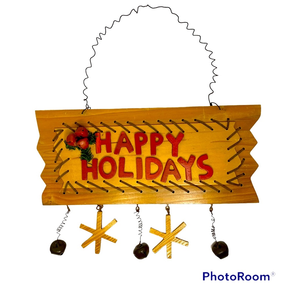 Christmas Wood Block Sign Happy Holidays Primitive Rustic Country Cabin Cottage